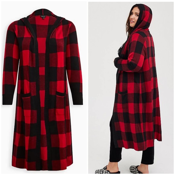 torrid Sweaters - Torrid NWOT Hooded Cardigan Plaid Red Size 2X Buffalo Plaid Longline Pockets